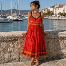 Silk Babydoll Midi Dress Size 10P Red Vibrant Empire Waist Festival Feminine