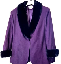 VTG John Meyer Wool Blazer Coat Womens 16W PURPLE Blk Faux Fur Old Money Luxury