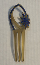 Vintage celluloid plastic hair pin comb w/blue rhinestone large 5" long x 1 3/4"