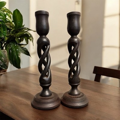 VTG Oak & Brass Thistle Open Barley Twist Candlesticks Holder at 10 Tall Pair
