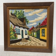 needlepoint framed art Vintage Framed Needlepoint Town Square Scene 17" x 14.5"