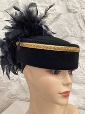 Vintage Black  Gold Wool / FEATHER back Pillbox Evening HAT