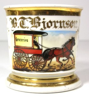ca1900 HAND PAINTED HORSE DRAWN GROCERS DELIVERY WAGON OCCUPATIONAL SHAVING MUG