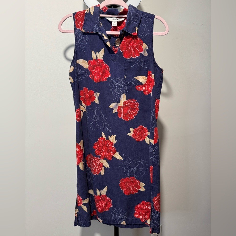 Red and White Shift Midi Dress with Notched Collar