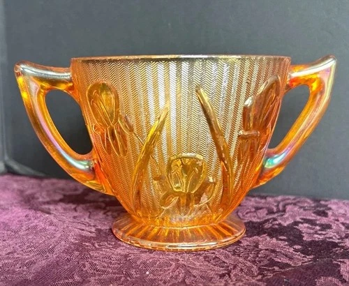 Jeannette Glass Iridescent Carnival Iris & Herringbone double handle cup