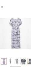Women Tie Dye Short Sleeve Wrap Midi Dress Belted Boho Blue Purple Slit Viscose