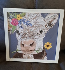 Highland Cow W/ Flower Art Work On Wood Farmhouse Cottagecore 13x13 Girls Room