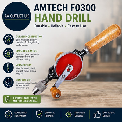 Amtech F0300 Hand Drill Wooden Handle Double Pinion Gears 10mm Chuck