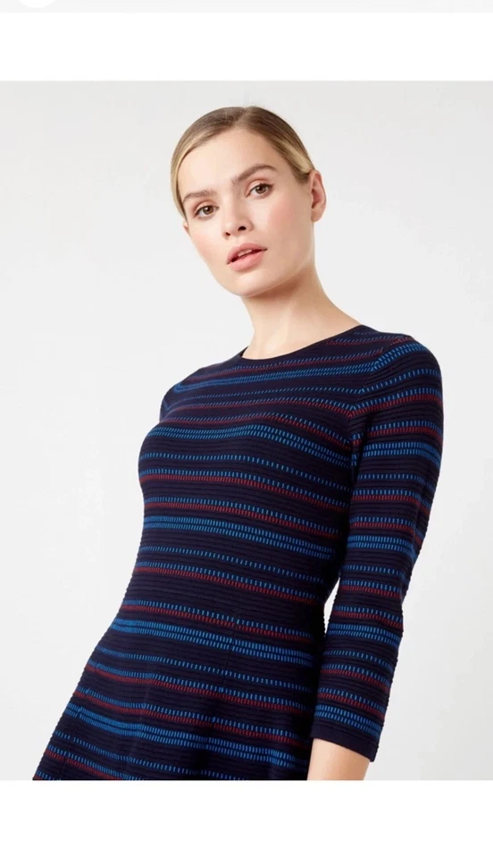 Vestido HOBBS LONDON Katie Tejido Texturizado Rayas Elastizado Oficina Trabajo Azul Marino Rojo 12 Foto 4 de 4