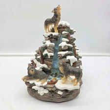 Rare Wolf Pack Mountain Waterfall Music Box – Heavy Resin – 10" Tall – Working