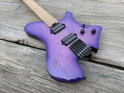 Acepro Gloss Purple Koa Top Headless Electric Guitar Stainless Steel Frets