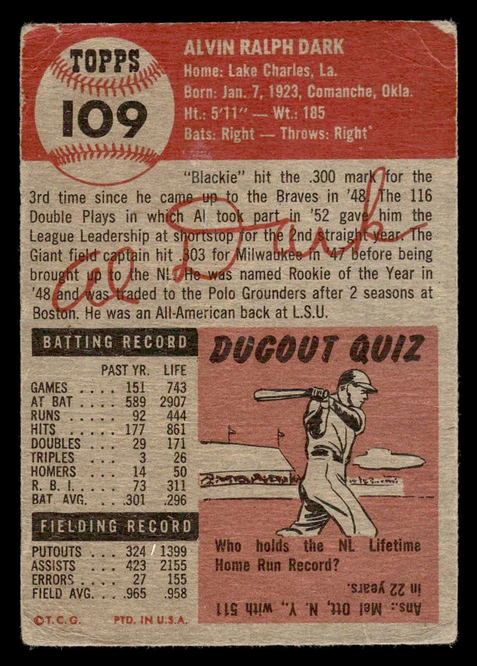 1953 Topps #109a Alvin Dark - хорошее состояние *TedsCardShack* - Изображение 2 из 2