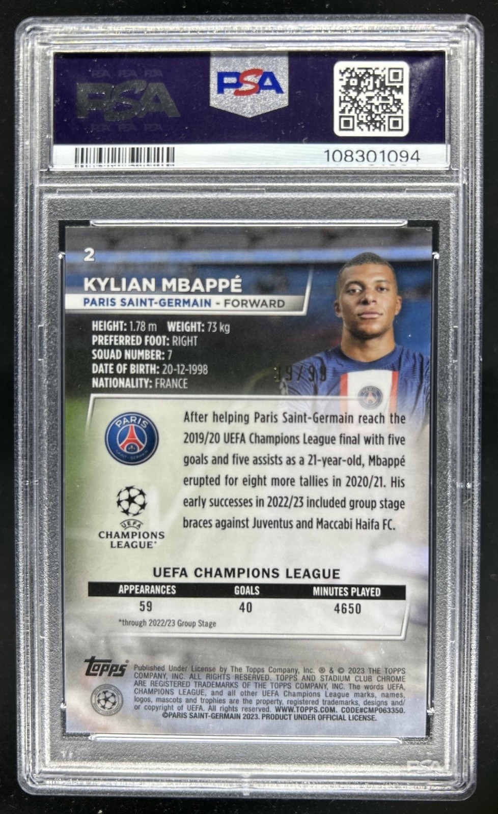 2022-23 Topps Stadium Club Chrome UEFA Kylian Mbappe Green Refractor #/99 PSA 9 view 2