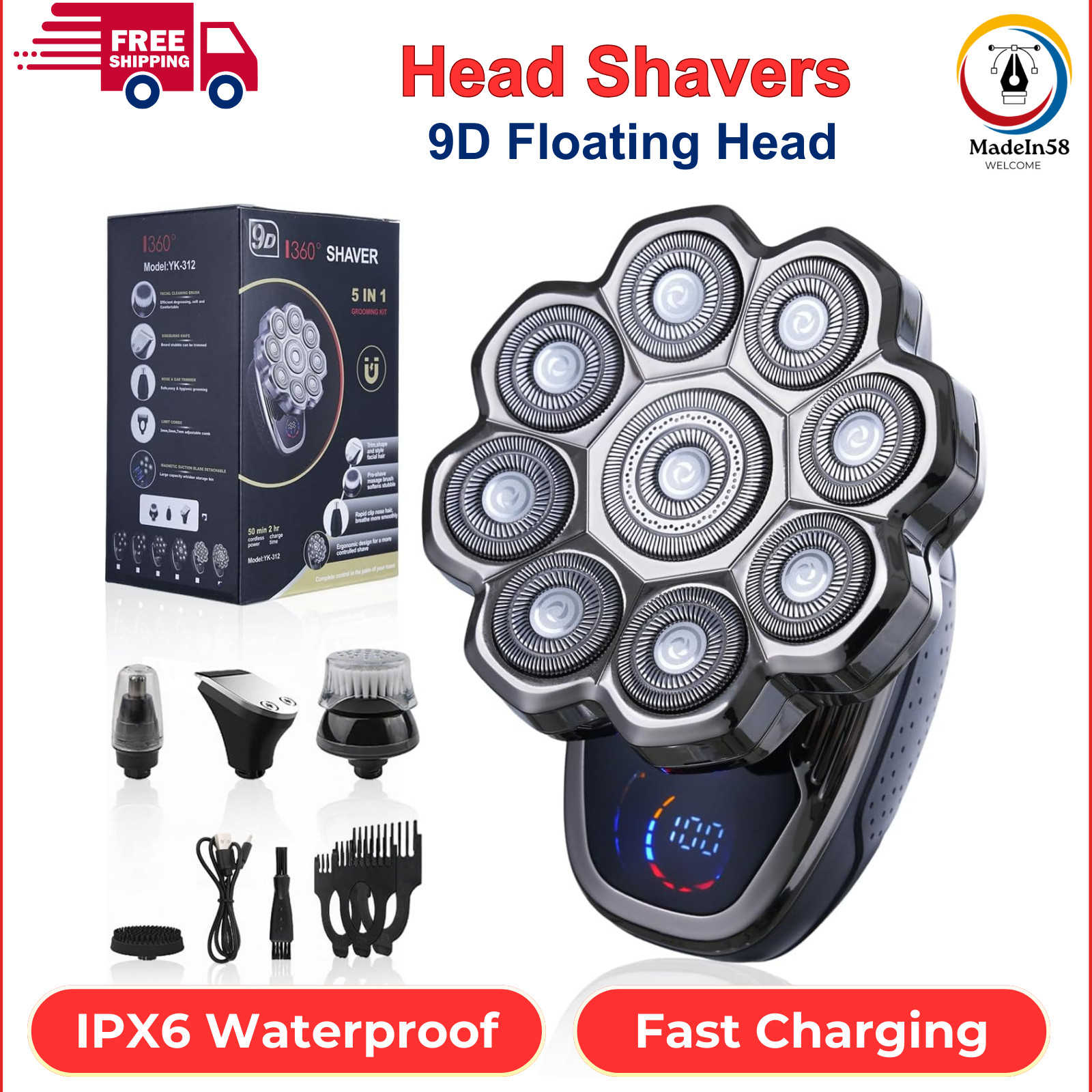 S For Bald Men, 5-in-1 Electric Razor Bawldy 9.0 Ultra Groom