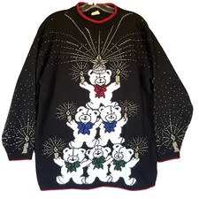 Vtg 90s Y2K Ugly Christmas Sweater Med Black Knit Shimmer Teddy Bear Kitschy EUC