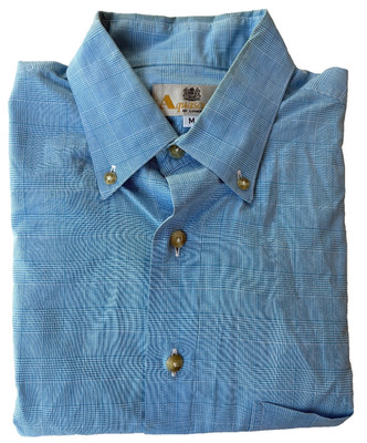 Aquascutum Shirt Men's Medium Blue Plaid Check Button Front Cotton Made in USA