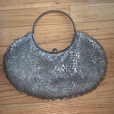Vintage La Regale Silver Beaded Sequin Evening Bag Top Handle Purse Hong Kong