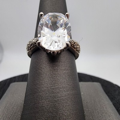 925 Sterling Silver Big Oval Cubic Zirconia Pave Statement Engagement Ring 7.5