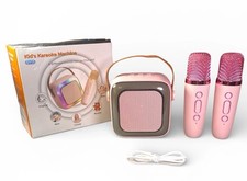 Pink Kids Karaoke Machine w/ 2 Wireless Mics Bluetooth LED Lights Voice Changer