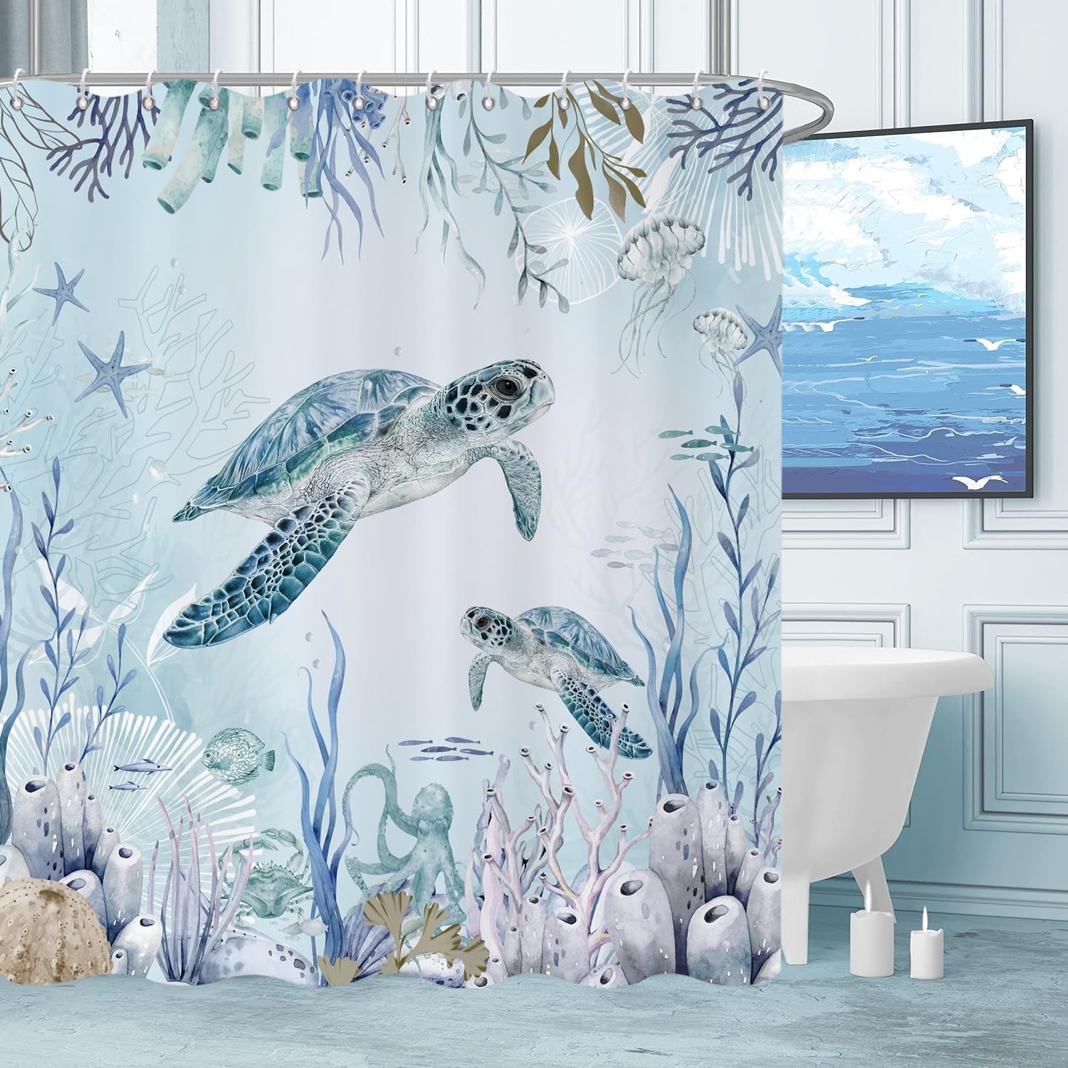 Sea Turtle Shower Curtain, Teal Blue Ocean Beach Coastal Turtle Starfish Jell