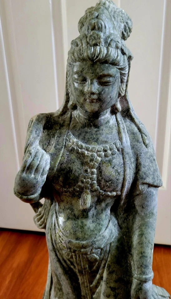 Китайская статуя Гуань Инь большая 28 дюймов 50 фунтов зеленый камень змеевик? Редкая статуэтка! - Изображение 2 из 4