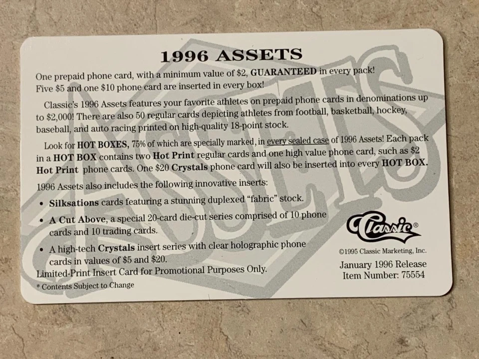 1996 Classic Assets $1000 Phone Card Cal Ripken Jr. Promo SKU#36607 - Image 2 of 2