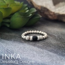 Sterling Silver & Black Tourmaline 925 Stretch Beaded Stacker Thumb Ring By INKA