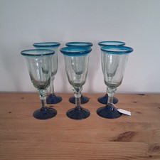 Bicchiere messicano soffiato a mano blu cobalto bordo e base vino alto 8 pollici 