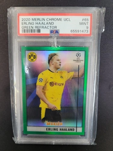 2020-21 Topps Merlin Chrome UCL - #65 Erling Haaland - Green Refractor - PSA 9