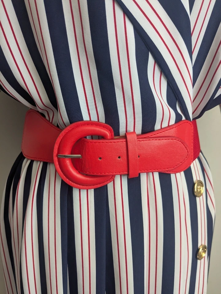 Antigo Vestido Camisa Secretário Anos 80 Personalizado Vermelho Branco Azul Listra Cinto Curto Slv 8 10 - Imagem 4 de 4