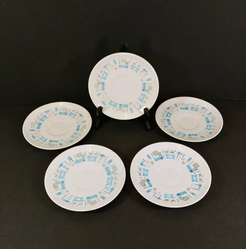 5x Vintage MCM Blue Heaven Atomic Turquoise Saucer Plate 6.25" Diam. Royal China