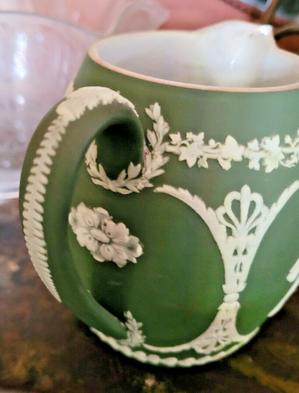  Wedgwood Olive Green Jasperware Pitcher Classical Relief~Exquisite~Antique 