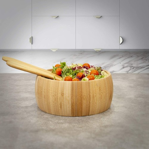 Utensilios para servir para ensaladas de cocina redondos vajilla madera de bambú natural - Imagen 5 de 9