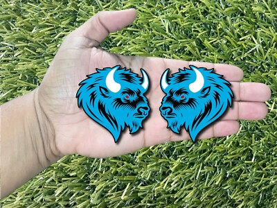 Bison Buffalo Emblem Badges Red Eyes White Horns Light Blue on Black Aggressive