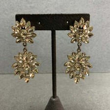 Dangle Pierced Earrings Silver Rhinestone Double Flower