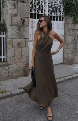 ZARA Linen Blend Dress Halterneck Midi Long Low Back XS S L Camel