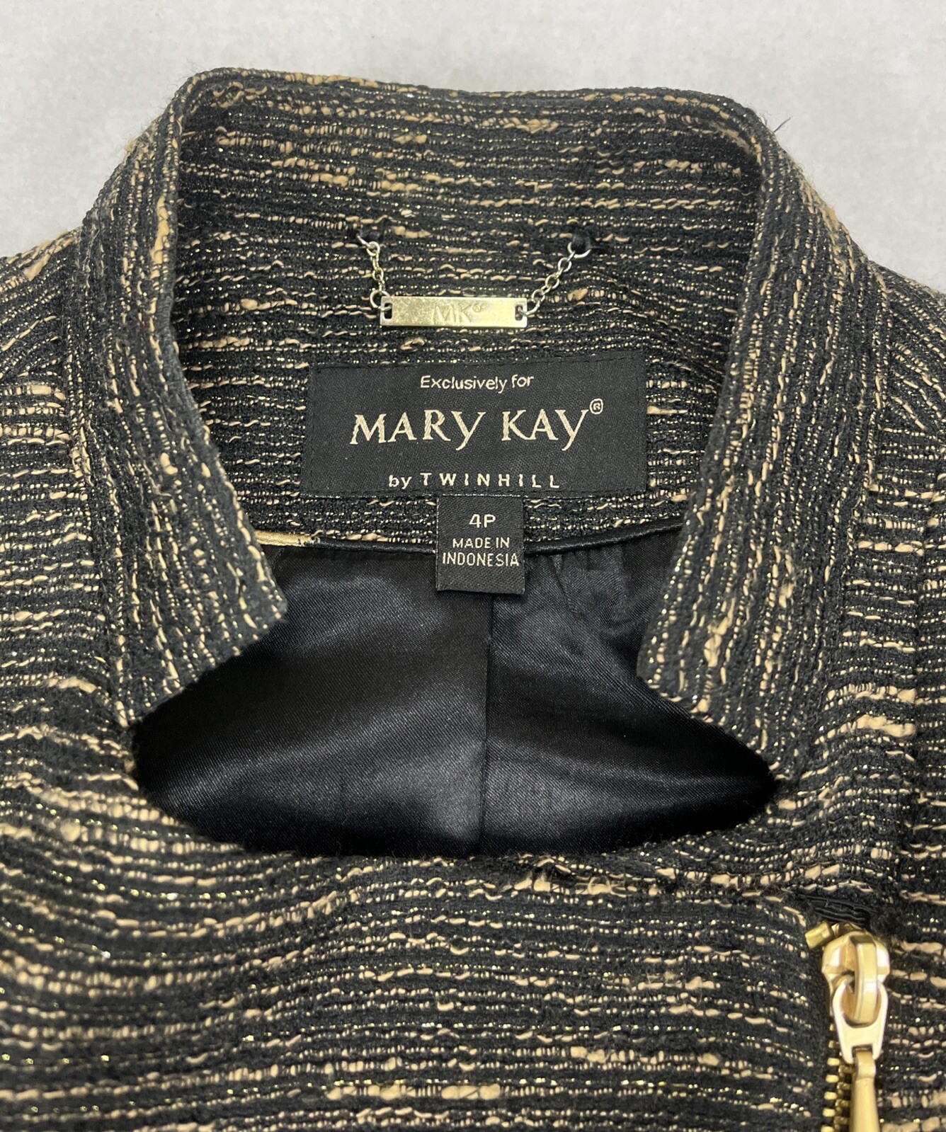 Mary Kay By Twinhill Black/Gold 3/4 Sleeve Motor Jacket Skirt Suit Women’s 4P image 3