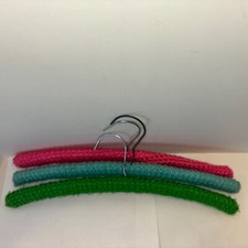 3 Vintage Knit Crochet Covered Clothes Hangers Pink Green Blue Multi Colors