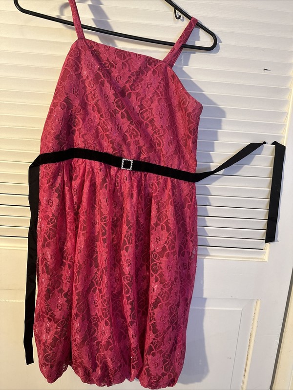GEORGE HOT PINK LACE BLACK VELVET TRIM BUBBLE HEM GIRLS DRESS SZ 16