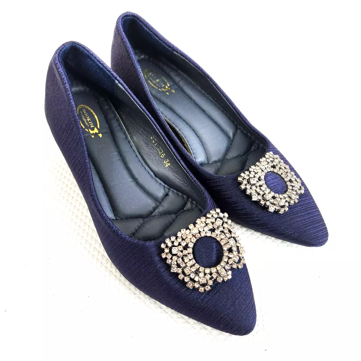 Vintage 60s Womens Size 4 Navy Blue Shoes Heels Mod Rhinestones Glam Hollywood