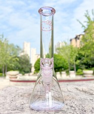 10" Glass Bong Beaker Pink Kitty Smoking Water Pipe Hookah Bubbler W/ICE Catcher
