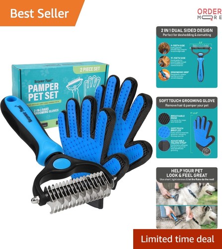 Dog Cat Grooming Brush & Gloves Set Double Sided Dematting Deshedding Underco...