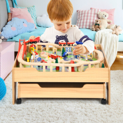 Wooden Railway Train Set Table 100 Pieces Storage Drawer Kids Play Toys Pretend
