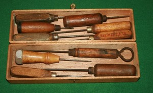 Collection-of-TEN-034-10-034-Vintage-Carpenters-Woodworking-Ice-Picks-w-Box-INV-ED49