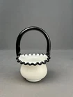 Fenton BLACK CREST Milk Glass Crimped Edge 6"  Handled Basket: MINT