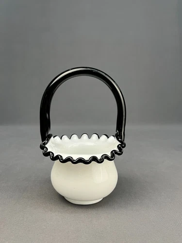 Fenton BLACK CREST Milk Glass Crimped Edge 6"  Handled Basket: MINT