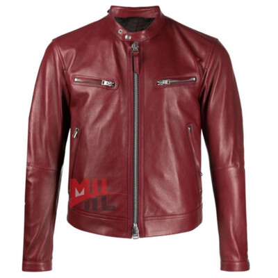 New Handmade Men's Maroon Genuine Cowhide Leather Fashion Biker Jacket