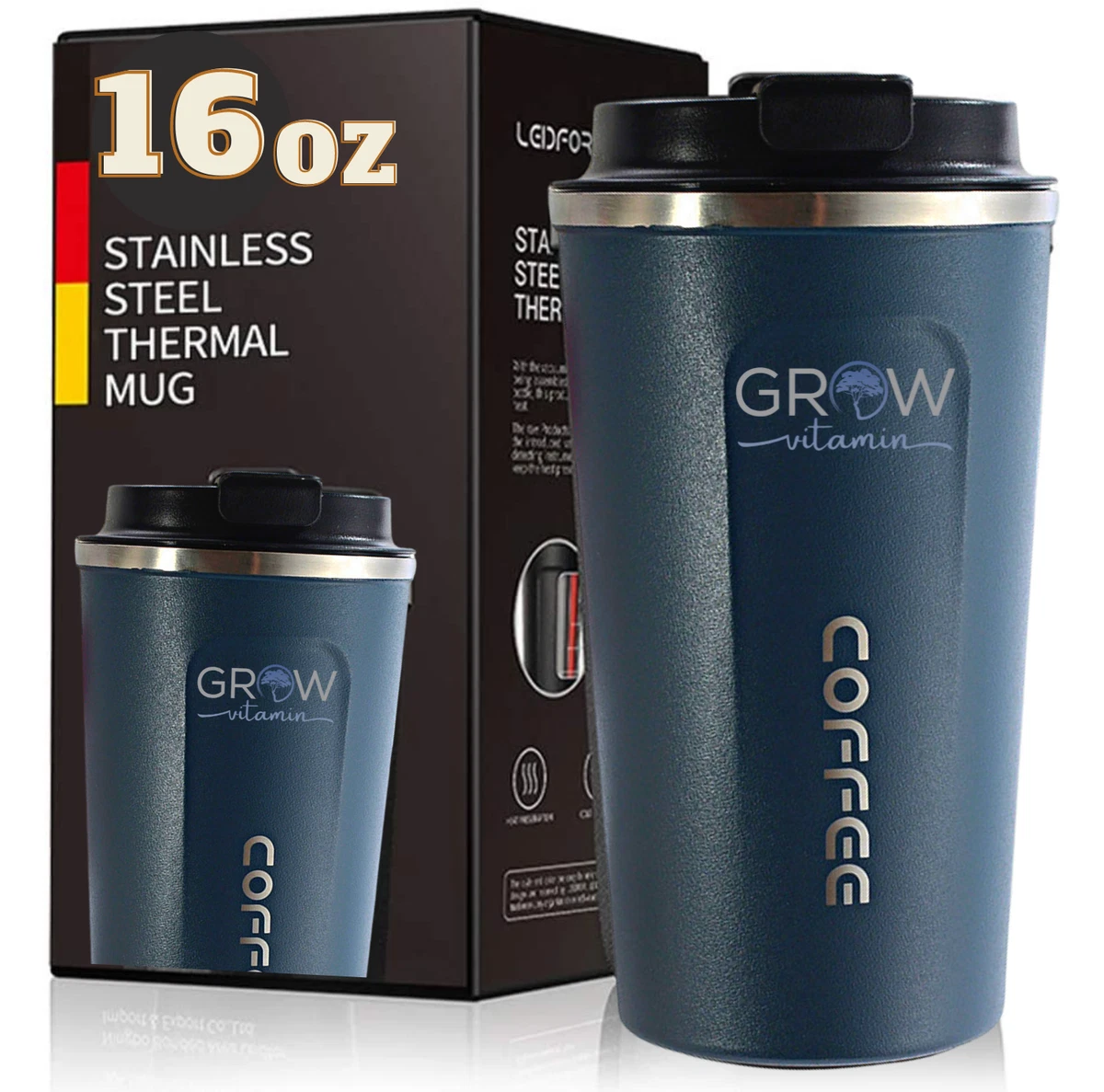 16 oz Vacuum Sealed Steel Thermos Insulated Coffee Cup Travel Mug, Spill  Proof.