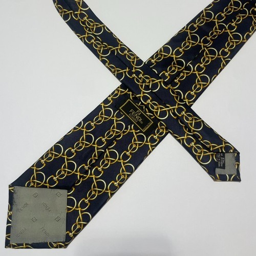 Fendi Tie Cravatte Navy Gold Chain Link Print Italy Classic Silk Necktie - 58L - Picture 14 of 14