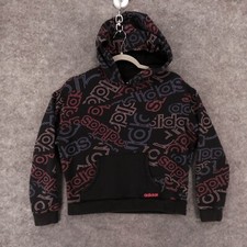 Adidas Sweatshirt Youth Extra Large Black Hoodie w Pouch All Over Spell Out Logo